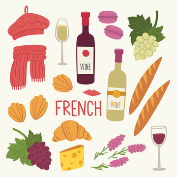 Flat vector illustration with traditional symbols of France, food and architecture. French cuisine. Set with croissant, baguette, beret, pastries, lavender, wine, grapes, cheese