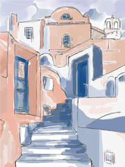 Vector simple illustration Santorini City view, Greece. Greek travelling. Thira island, Greece. Simple urban sketch for postcards, logos or banners. - 491324123