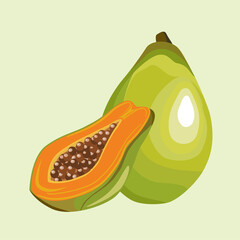 A big green papaya fruit and a piece half of papaya that shows dark brown seeds inside. Flat, isolate vector image.