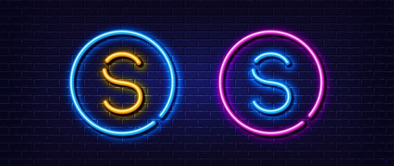 Initial letter S icon. Neon light line effect. Line typography character sign. Large first font letter. Glowing neon light element. Letter S glow 3d line. Brick wall banner. Vector