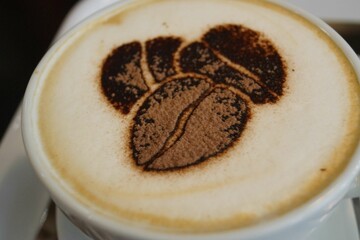close up of latte with coffee beans drawn in with cocoa