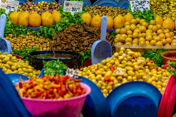 Small Fruits, Meats And Vegetables Are Sold In The Open Market In The City Of Fes, Morocco, Africa
