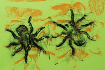 pastel chalk impression of two black spiders on green paper
