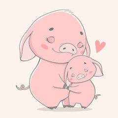 Vector illustration of mother's day. Pig hug.