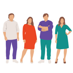 Obraz premium Set of fat men and women, different colors, cartoon character, group of silhouettes of standing business people, the design concept of flat icon, isolated on white background
