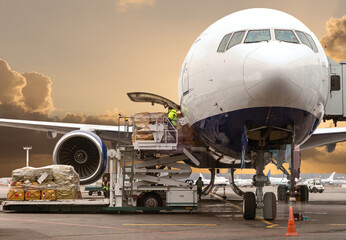loading cargo into the aircraft before departure with nice sky