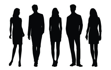 Vector silhouettes of  men and a women, a group of standing  business people, black color isolated on white background