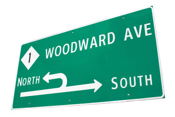 Woodward Avenue, M1, road sign. Detroit Michigan.