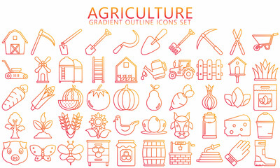 Set of Agriculture and Farming Icons. Contains such Icons farmers equipment, tractors, vegetables. Used for web, UI, UX kit and applications, vector EPS 10 ready convert to SVG.