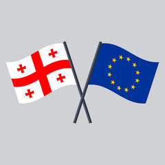 Georgia and EU flag on stick crossed. The European Union vector icon flat design.