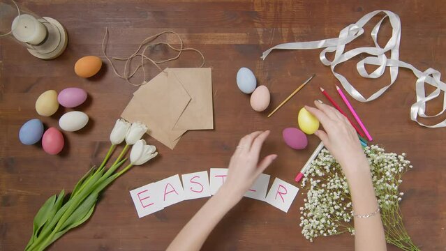 Top view of a table with items to create a composition for Easter. Easter. Church holiday-Easter