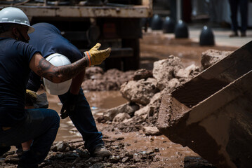 construction worker moving stone debris by hand