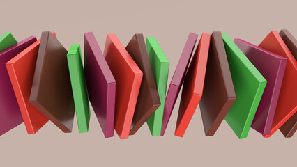 Red, purple, green, brown blocks in a row. Abstract illustration, 3d render.