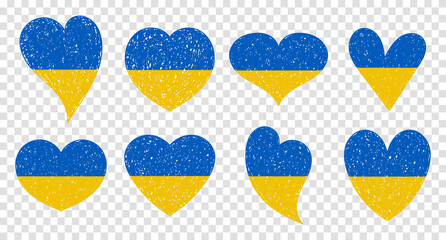 Set of Ukraine flag icon in the shape of hearts. Save Ukraine concept. Vector Ukrainian symbol, icon, button