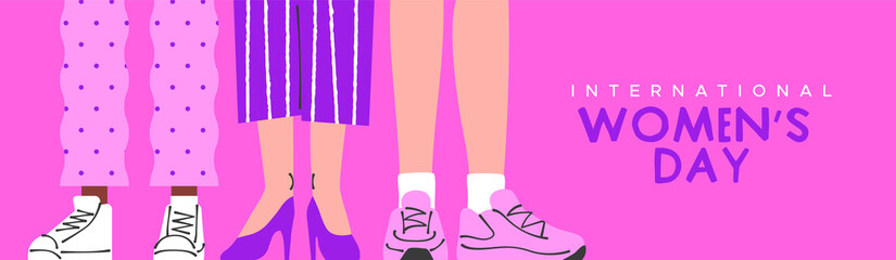 International Women's Day greeting card illustration of pink women shoe fashion. Diverse female group legs concept for march 8 event
