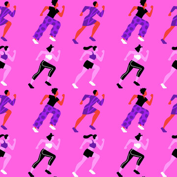 Diverse pink women crowd running. Flat seamless pattern illustration. Female race group or woman charity marathon concept cartoon background.