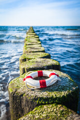 Seashore Safety Concept / Miniature life belt on row of wooden groynes at shore (copy space) - 491330150