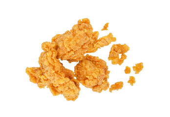Fried popcorn chicken with crumbs isolated on white background. Top view