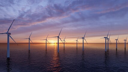 8K Ultra Hd. Offshore Wind Turbines Farm at sunset.