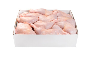 Fresh chicken leg with skin many pieces close-up in a cardboard box for a supermarket, retail. Raw chicken meat.
