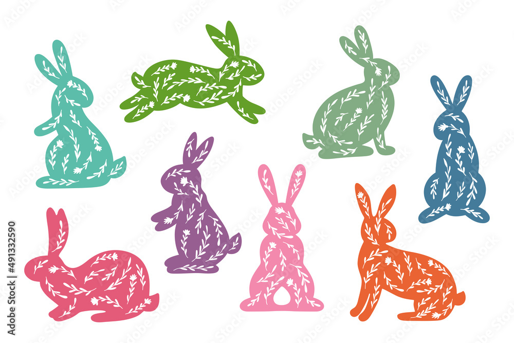 Wall mural happy easter vector illustrations of bunnies, rabbits icons, decorated with flowers, floral, wildflo