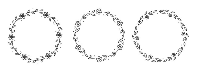 Set of spring floral wreaths isolated on white background. Round frames with flowers. Vector hand-drawn illustration in doodle style. Perfect for cards, invitations, decorations, logo, various designs