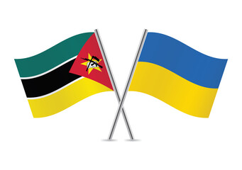Mozambique and Ukraine crossed flags. Mozambican and Ukrainian flags, isolated on white background. Vector icon set. Vector illustration.