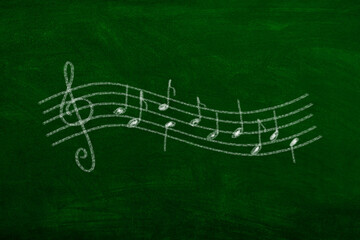 Music notes written with chalk on greenboard musical key  - obrazy, fototapety, plakaty