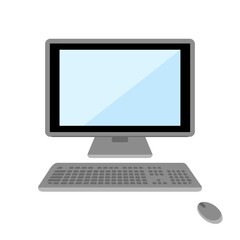 イラスト素材:パソコンとキーボードとマウスのセット/主線なしで液晶画面はブルー
