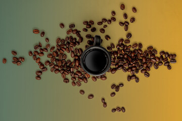 coffee beans and espresso mug on a gradient background