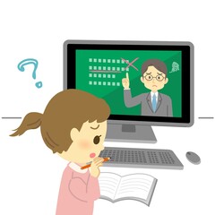 Fototapeta na wymiar イラスト素材:パソコン画面を見てオンライン授業を受けるが不安な表情の小学生（女の子/はてなマーク） 