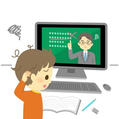 Fototapeta na wymiar イラスト素材:パソコンでオンライン授業を受けても分からない表情の小学生（男の子） 