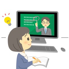イラスト素材:パソコン画面を見てオンライン授業を先生から受ける笑顔の若い女性（学生）
