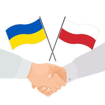 Uścisk dłoni na tle flag. Wsp&oacute;łpraca Polski i Ukrainy. Międzynarodowe działania sojusznicze. Symbol pokoju i pomocy. Stop wojnie i przemocy. Wsparcie dla Ukrainy.
