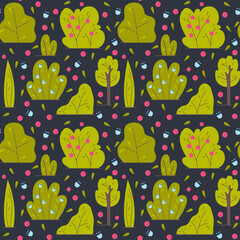 Bushes and trees, with flowers. Floral design for patterns or postcards. Foliage, green spaces. Flat vector illustration.