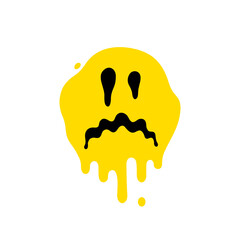 Melting smile. Dripping smile. Smile icon. Yellow smile. Smiley on yellow background. Good mood. Positive emoji. Flowing liquid. Paint splatter. Molten. Sad face. Vector emoji. Emoji face. Face symbol
