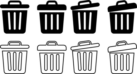 Trash bin set icon. trash dustbin sign icon. black trash can. Bin icon. Office trash icon