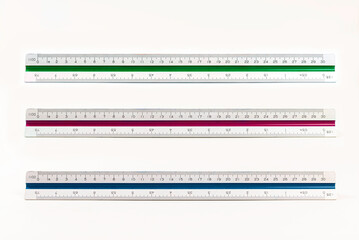 Set of architect ruler scales on white background.