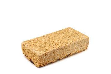 amaranth candy, alegrías typical mexican sweet made with amaranth, seeds, peanuts and raisins on white background with space for text