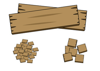 板や木材、木材チップのイラストセット（木材バイオマスやリサイクルのイメージに）