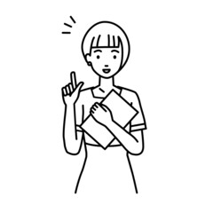 立って書類を手に持って何かひらめいたエステ店員・受付・接客係の女性