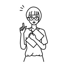 立って書類を手に持って何かひらめいた教師の女性