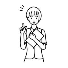 立って書類を手に持って何かひらめいた事務員制服の女性