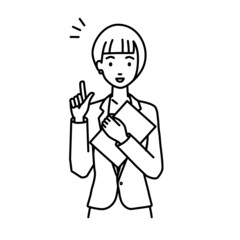 立って書類を手に持って何かひらめいたスーツの女性