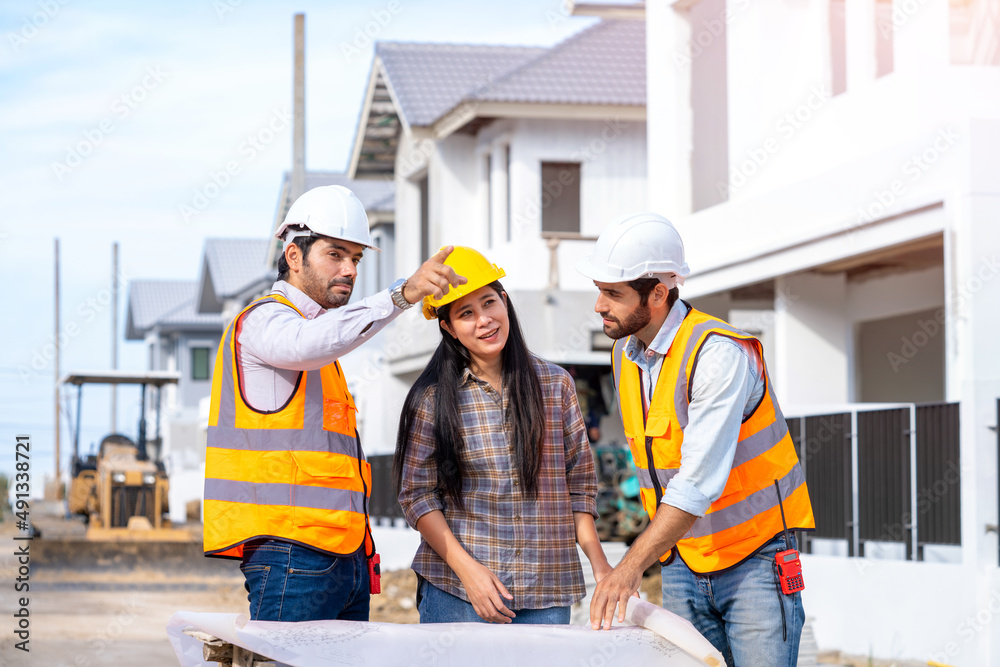 Aufkleber engineer working on construction building site,architects discussing project of building outdoors.