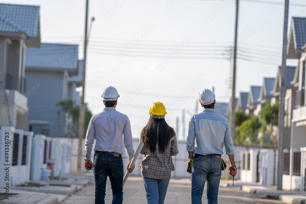 Poster engineer foreman discussion work control to building construction working in site,new house builder,