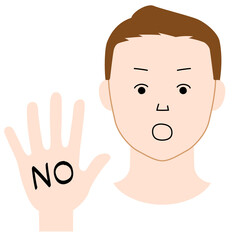 片手を前に突き出し「NO」の意思表示をする男性のイラスト（白背景・ベクター・切り抜き）