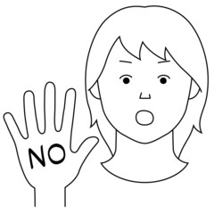 片手を前に突き出し「NO」の意思表示をする女性のイラスト（白背景・ベクター・線画・切り抜き）