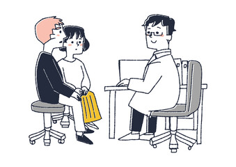 医者の説明を受ける夫婦　コミカルな手書きの人物　ベクター、線画にシンプルな色つけ　