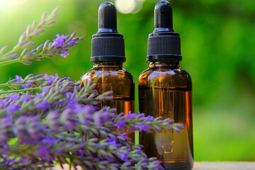 Lavender oil and sprigs on blurred green background.Base cosmetic oil for massage and care for face and body.Organic Lavender Essential Oil Glass Bottles.natural cosmetics.